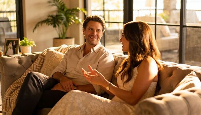 Couple chatting on tufted sofa in sunlit living room, woman wearing white lace dress