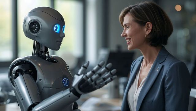 Businesswoman Speaking with Humanoid Robot in Modern Office Showing Collaboration