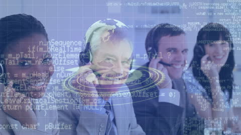 Global Call Center Team with Digital Overlay Effect