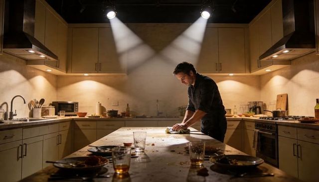 Man wiping late-night modern kitchen island under dramatic spotlights, moody cleanup