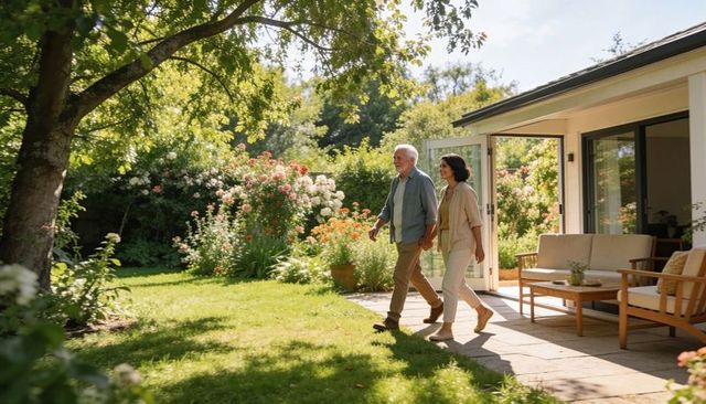 Senior couple walking from patio into sunlit garden with wooden seating and flowers
