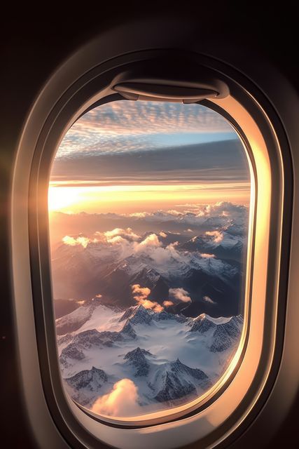 This image captures a breathtaking view of snowy mountain peaks through an airplane window at sunset. Suitable for themes about travel, exploration, adventure, and scenic landscapes. Perfect for travel blogs, airlines promotions, and adventure-themed announcements.