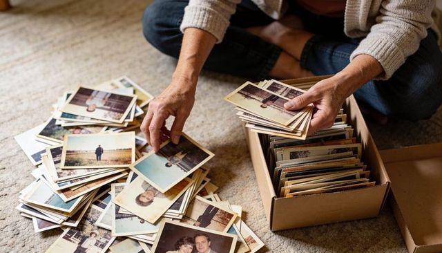 Senior woman sorting vintage family prints and snapshots on carpet, recalling memories