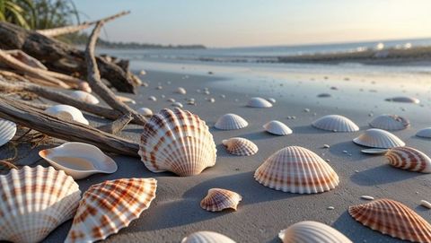 Coastal serenity with seashells and driftwood on bay of bengal tranquil beach