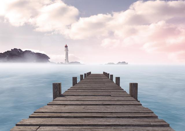 This image depicts a tranquil scene with a wooden jetty extending over a calm blue sea under a cloudy sky. A distant lighthouse is visible on the horizon. Suitable for use in travel ads, calming ocean themes, mindfulness and relaxation content, and scenic wall art.