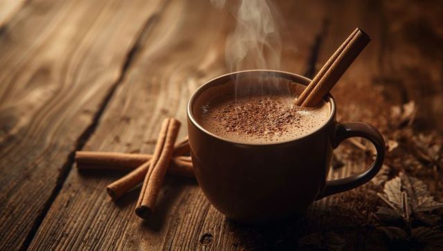 Steaming hot chocolate in a rustic ceramic mug sits invitingly on a textured wooden tabletop accompanied by cinnamon sticks, creating a cozy and indulgent scene. This comforting setting makes it perfect for use in food and beverage promotions, cozy autumn or winter-inspired themes, and publications focusing on comfort food or home decor.
