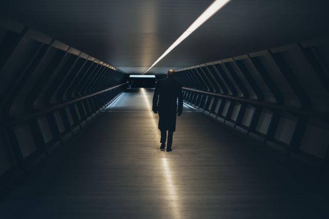 A person walks alone through a futuristic and dark tunnel, evoking feelings of solitude and contemplation. This image can be used in articles discussing urban life, architecture, loneliness, introspection, or themes related to the modern cityscape. It can also be used in advertisements for modern design or architectural firms.