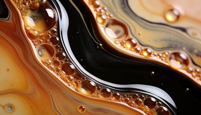 Macro abstract amber oil bubbles forming glossy black swirl on marbled beige surface