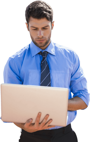 Caucasian businessman focused with laptop, officewear on transparent background