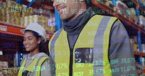 Workers in warehouse with stock market overlay illustrating global trade