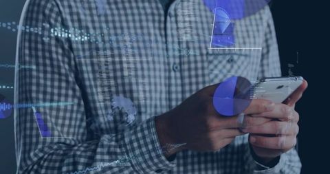 Man tapping smartphone with floating data visualizations and business analytics overlay