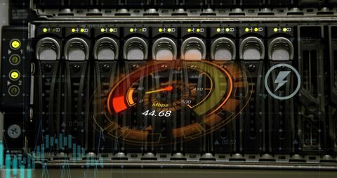 High-speed data processing in server room with futuristic interface