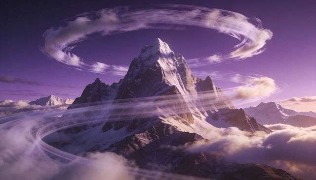 Snow-capped peak ringed by swirling clouds casting pink sunrise glow over alpine ridges