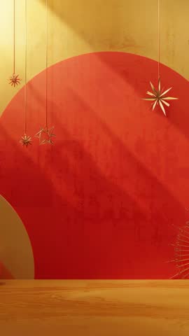 Vertical festive video, golden ornament sliding into frame at 8s, hanging stars, red gold backdrop