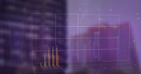 Projecting golden bar chart rising inside 3d wireframe grid with purple bokeh gradient