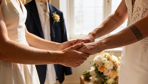Sunlit ring exchange between two brides wearing lace dresses and pastel floral bouquet