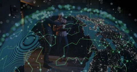 Business team collaborating with holographic global dataviz using tablet and AR network