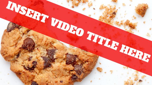 Chocolate chip cookie on white background with cookie crumbs and a placeholder for a video title. Ideal for food vloggers looking to create attractive, professional thumbnails for their cooking or recipe videos. Perfect for showcasing dessert, baking, or snack-related content.