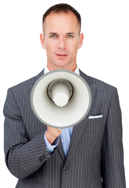 Transparent serious businessman holding megaphone shouting announcement - Download Free Stock Videos Pikwizard.com