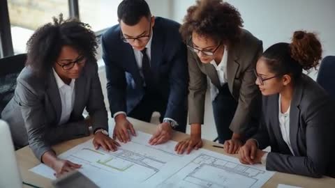 Architectural Team Reviewing Floor Plans and Discussing Design Decisions in Office