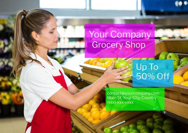 Perfect for advertising grocery store specials, especially on fresh produce. Use in flyers, social media, or website banners to attract customers looking for healthy eating options and enticing discounts. Highlight current promotions and engage the audience with clear and appealing visuals to drive traffic to the store.