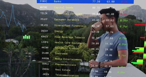 Young man standing on balcony holding coffee overlooking valley with stock market overlay
