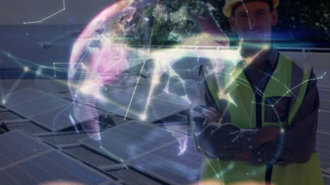 Engineer Overseeing Solar Power with Digital Global Network