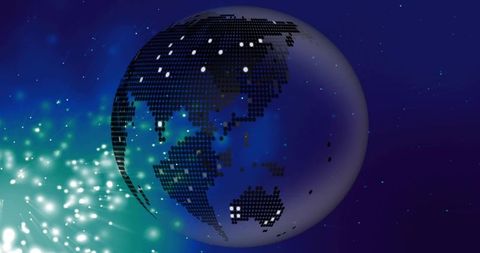 Rotating digital globe with pixel continents, teal particle burst and holographic data grid