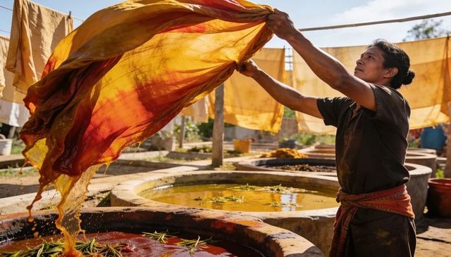 Artisan lifting dyed fabric from natural dye vats in sunlit outdoor textile workshop