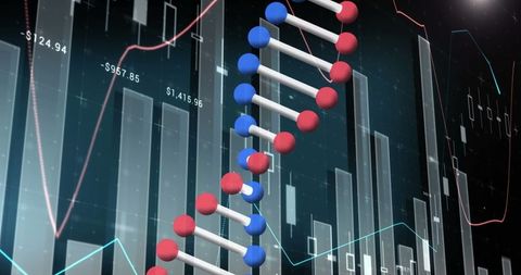DNA Strand Overlapping Data Charts Representing Genetics and Technology