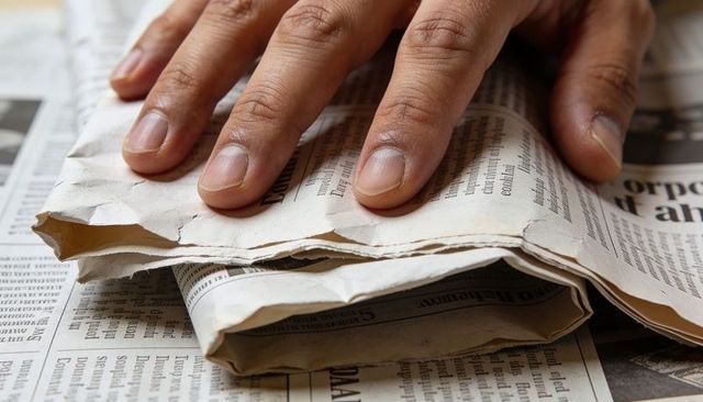 Right hand pressing folded newspaper closeup with torn edges and newsprint texture