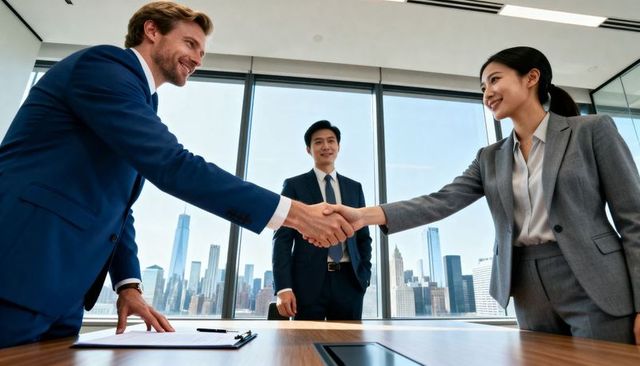 Shaking hands across boardroom table with city skyline closing deal corporate partnership