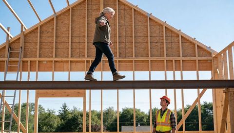 Senior woman balancing on steel beam during home framing while construction supervisor watches