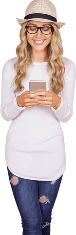 Happy woman in casual outfit using smartphone transparent image