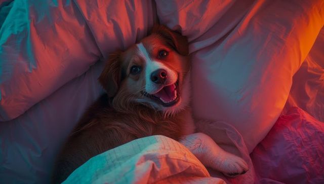 Cozy dog relaxing in vibrant teal and orange ambience