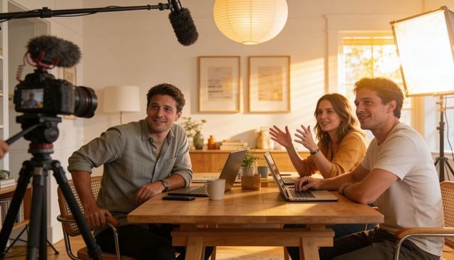 Creators recording casual home podcast around dining table with laptops and camera