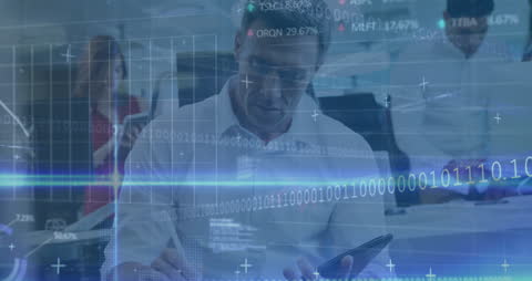 Caucasian Businessman Analyzing Financial Data in High-Tech Office