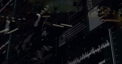 Dark trading dashboard displaying overlaid analytics hud charts with geospatial visualization
