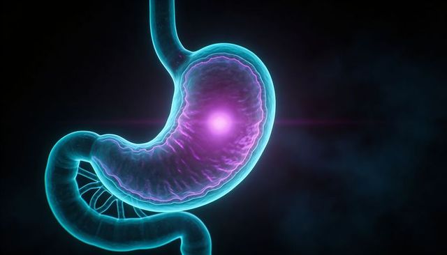 Neon stomach anatomy with turquoise rim and glowing gastric core 3D medical illustration