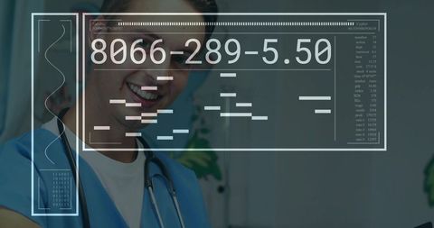 Smiling doctor wearing blue scrubs with futuristic holographic medical hud overlay