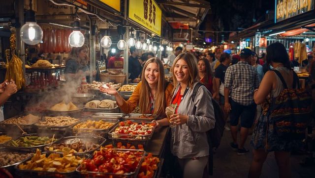 Smiling travelers enjoying vibrant night market street food stalls with steaming trays