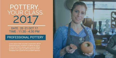 smiling woman holding ceramic pot at pottery class ad template - Download Free Stock Templates Pikwizard.com