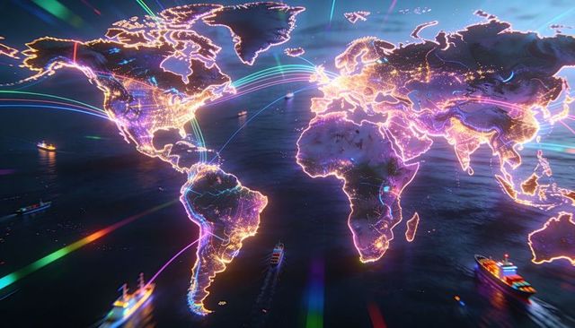 Futuristic neon global connectivity map with arcing data trails and international shipping