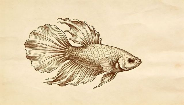 Pen-and-ink betta fish illustration on aged parchment with sepia linework