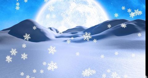 Glowing moonlit snowfield with rolling hills and falling snowflakes under blue lunar sky