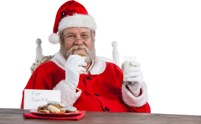 Transparent Santa Claus Eating Cookie With Milk, Seated At Wooden Table - Download Free Stock Videos Pikwizard.com