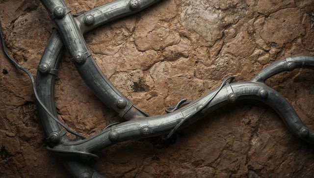 Snaking riveted metal conduits crossing cracked clay carrying exposed cables and wires