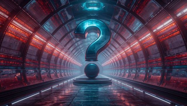 Futuristic Question Mark Sculpture in High-Tech Tunnel