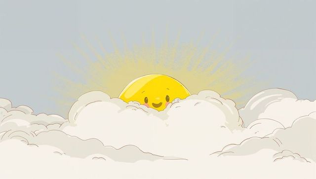 Peeking Smiling Sun Emerging from Fluffy Pastel Clouds Emitting Soft Golden Sunbeams