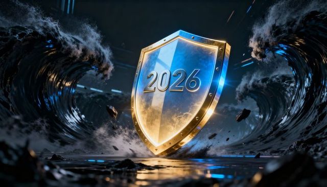 Standing golden chrome shield 2026 protecting future tech amid cinematic waves